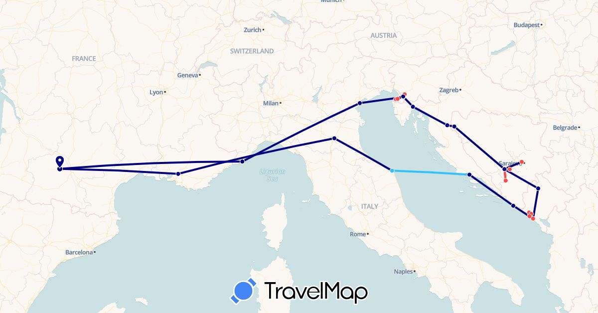 TravelMap itinerary: driving, hiking, boat in Bosnia and Herzegovina, France, Croatia, Italy, Montenegro, Slovenia (Europe)